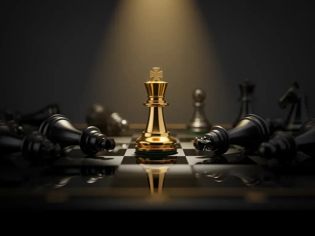 A gold king stands upright, surrounded by fallen pieces — the result after the game