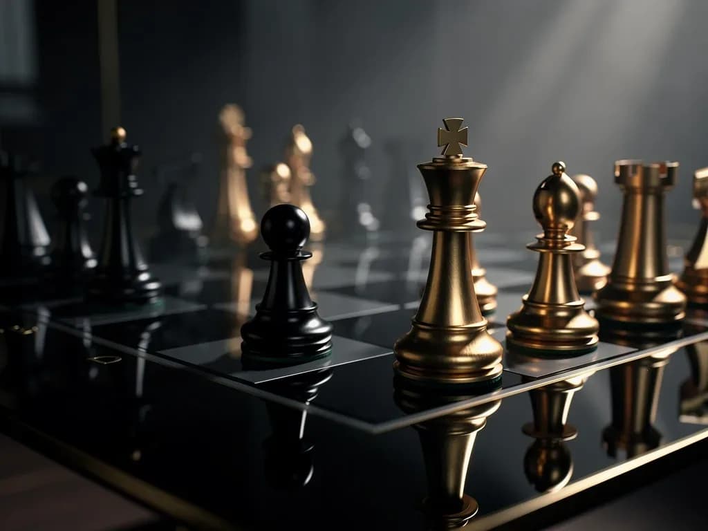 Gold and black pieces locked in the midgame — action in full motion