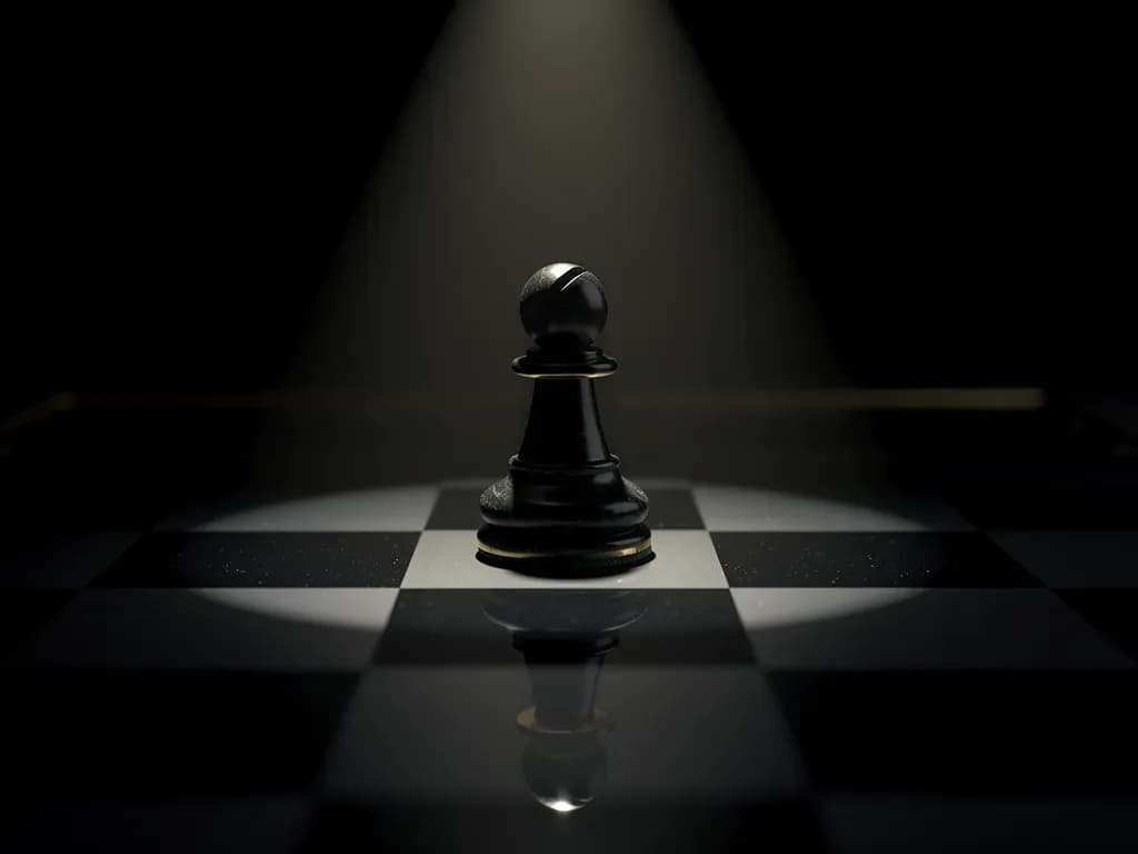 A single black pawn under a spotlight — the start, before anything moves